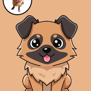 Puede incluir: Ilustración de dibujos animados de un perro marrón y negro con ojos grandes y expresivos y una lengua rosa. El perro está sentado, y una imagen más pequeña de un perro real está en un círculo encima. El fondo es de color marrón claro liso.