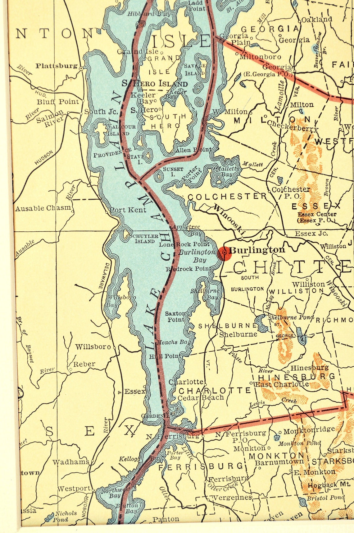 Lake Champlain Map Of Northern Vermont Vicinity Area Ready To Etsy