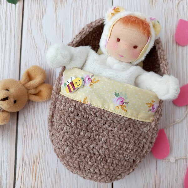 Soft Waldorf Baby Doll 6 inch Tall - Natural Fiber Doll made by Hand from Natural Materials Ready to ship