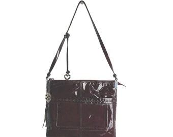 Brighton maroon patent leather shoulder bag with black contrasting leather.