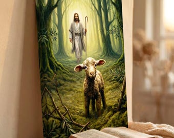 Christian Wall Art Canvas | Jesus and Lamb Print | Religious Living Room Decor | Baptism Gift | Good Shepherd Portrait