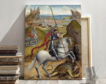 Gothic Art Painting Saint George and the Dragon Large Canvas Print or Paper Poster, Home Decor, Bedroom Decor, Living Room Decor