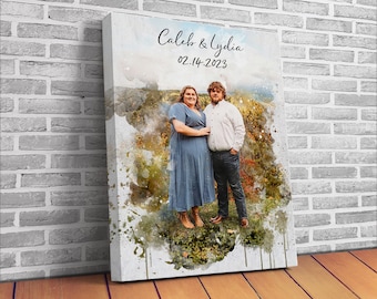 Custom Watercolor Couple Portrait, Anniversary Gift, Framed Canvas Art