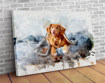 Custom Dog Portrait from Photo - Framed Canvas Print - Watercolor Digital Art