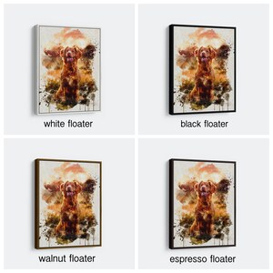 May include: Watercolor painting of a dog with a happy expression, framed in a white floater frame. The artwork features warm tones of brown, orange, and yellow, with black paint splatters. The text "white floater" is below the image.