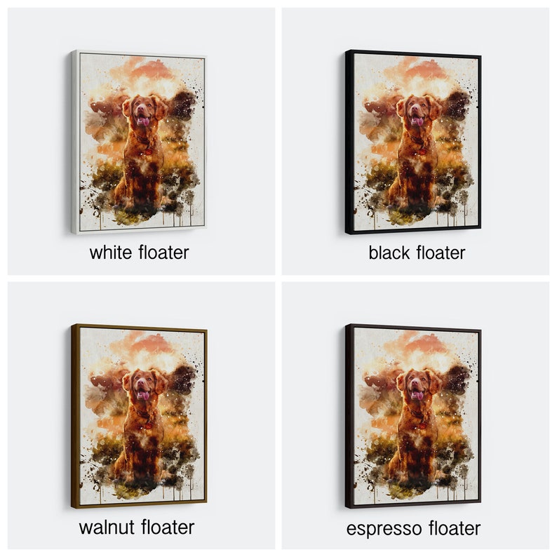 May include: Watercolor painting of a dog with a happy expression, framed in a white floater frame. The artwork features warm tones of brown, orange, and yellow, with black paint splatters. The text "white floater" is below the image.