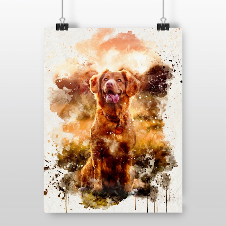 May include: Watercolor print of a brown dog with its tongue out, sitting and looking forward. The artwork has a warm color palette with orange, brown, and yellow hues. The dog is wearing a collar with a tag.