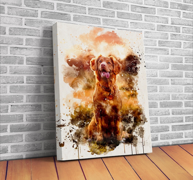 May include: A canvas print featuring a watercolor painting of a dog. The dog has brown fur, a pink tongue, and is wearing a collar. The background has orange, brown, and green watercolor splashes, creating a vibrant and artistic effect.