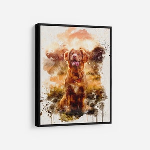 May include: Watercolor painting of a brown dog with a red collar, sitting and looking forward. The artwork has a textured, splattered effect with shades of brown, orange, and green. The canvas is framed in black.