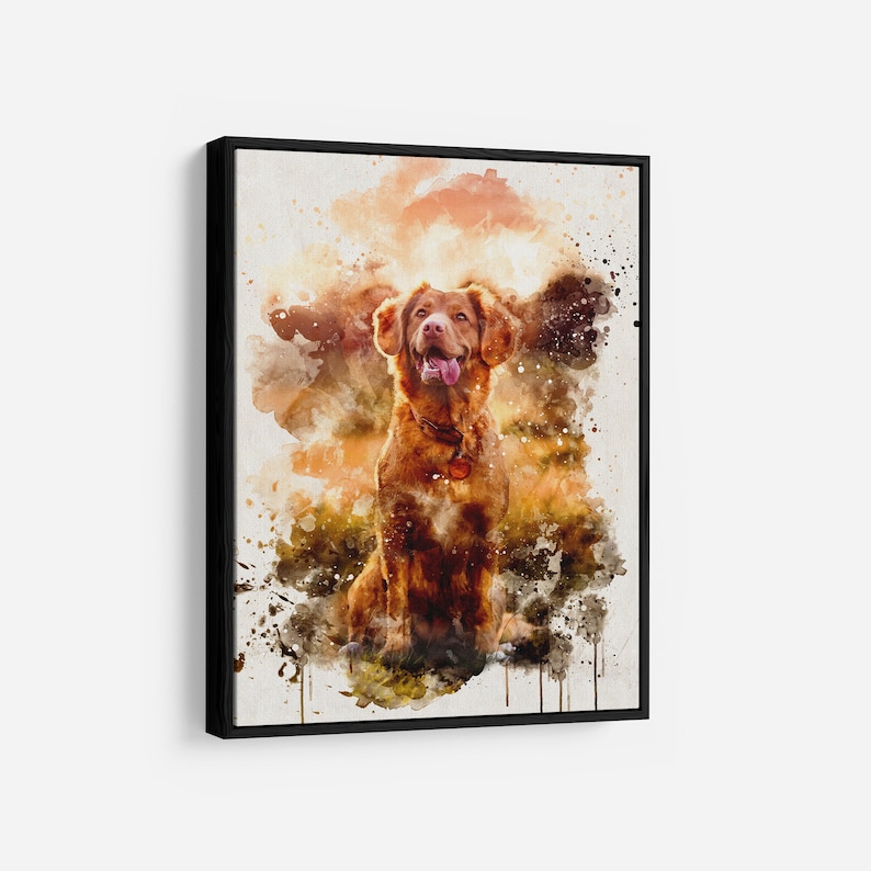 May include: Watercolor painting of a brown dog with a red collar, sitting and looking forward. The artwork has a textured, splattered effect with shades of brown, orange, and green. The canvas is framed in black.