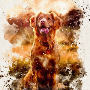 May include: Watercolor painting of a golden-brown dog with a happy expression. The dog is sitting, tongue out, with a collar and tag. The background features warm orange and brown watercolor splashes, creating a soft, artistic effect.