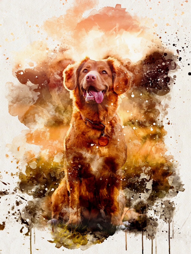 May include: Watercolor painting of a golden-brown dog with a happy expression. The dog is sitting, tongue out, with a collar and tag. The background features warm orange and brown watercolor splashes, creating a soft, artistic effect.