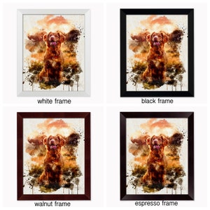 May include: Four framed dog art prints. Each print features a watercolor painting of a brown dog with its tongue out. The frames are available in white, black, walnut, and espresso.