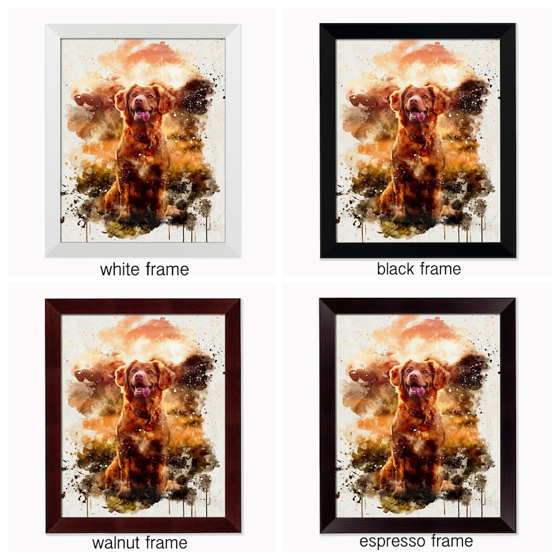 May include: Four framed dog art prints. Each print features a watercolor painting of a brown dog with its tongue out. The frames are available in white, black, walnut, and espresso.