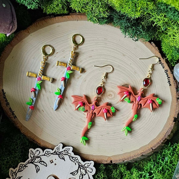 Fantasy Woodland Clay Earrings, Sword Earrings, Dragon Earrings, Mossy, Mushrooms, Giftforher, Cottagecore