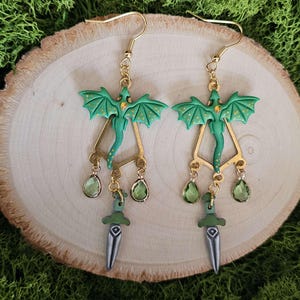 Green Dragon Clay Earrings: Fantasycore Dangle Jewelry