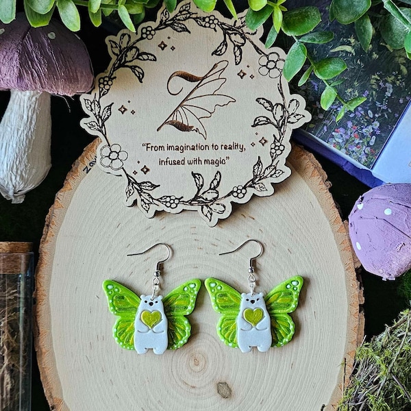 Butterfly Bear Clay Earrings, Fairycore Aesthetic, Renfaire Jewelry, Giftideas, Forher, Cute Earrings