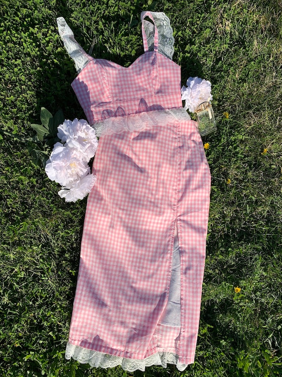 Cottagecore Pink Gingham Crop Top Slit Pencil Skirt Fairycore Aesthetic Sustainable Clothing Limited Quantity Giftideas Forher Etsy UK