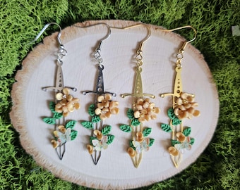 Yellow Floral Sword Earrings, Fairycore Aesthetic, Renfaire Jewelry, GiftForHer, GiftIdeas, Fantasy