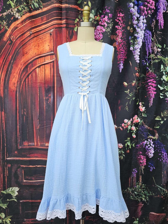 Blue Cottagecore Corset Dress: Cotton Gauze Midi Dress with Lace