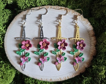 Pink Original Floral Fantasy Sword Earrings, Clay Earrings, Butterfly Earrings, Renfaire Jewelry, Fairycore, Knightcore, Daggers, Whimsical