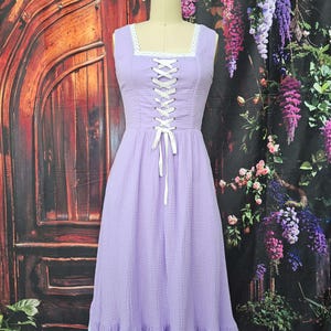 Lavender Cotton Gauze Corset Dress: Lace Trim Fairycore Midi