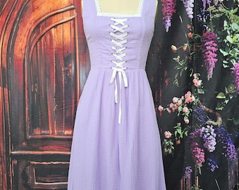 Blue Cottagecore Corset Dress: Cotton Gauze Midi Dress with Lace Blue Cottagecore Corset Dress: Cotton Gauze Midi Dress with Lace
