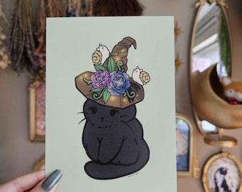 Heksen betoverde kat kunstprint fantasie muurdecoratie