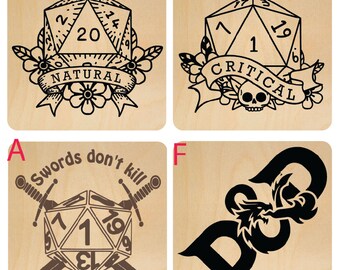 May include: Four wooden coasters with black and white designs featuring dice and the words "MIX N MATCH", "Swords don't kill DM's do", "CRITICAL", and "D&D".
