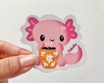 Kawaii Axolotl Coffee Vinyl Sticker, Cute Waterproof Decal