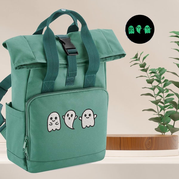 GLOW in the dark, Cool Embroidered Ghost Backpack - More Colours - Spooky Ghost Bag - Recycled - Mini Twin Handle Roll-Top Backpack
