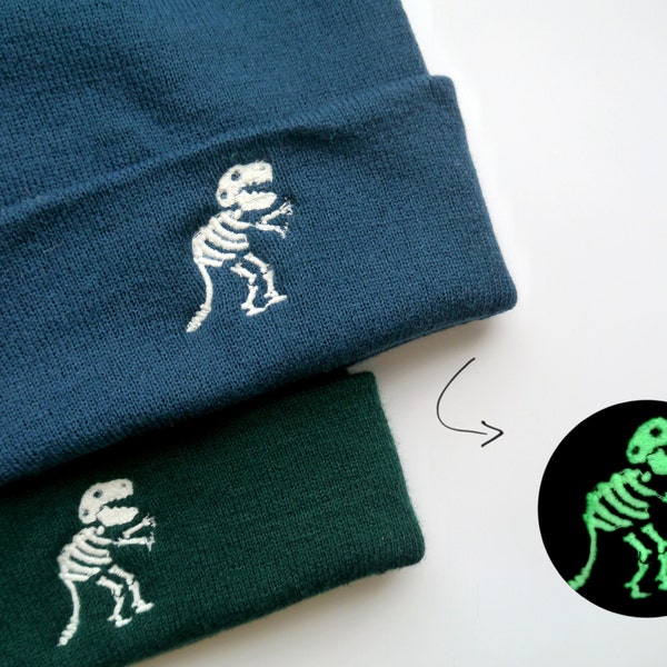 Glow in the Dark Dinosaur T-Rex Skeleton Embroidered Beanie - More Colours - Free Delivery