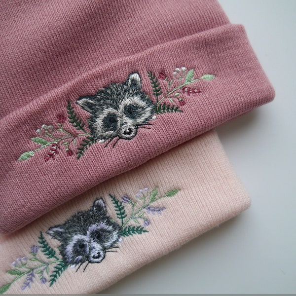 Lovely Floral Racoon Embroidered Beanie - More Colours - Free Delivery - Trash Panda