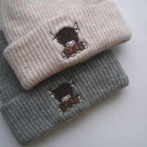 Cute Scottish Highland Cow Embroidered Cosy Ribbed Beanie