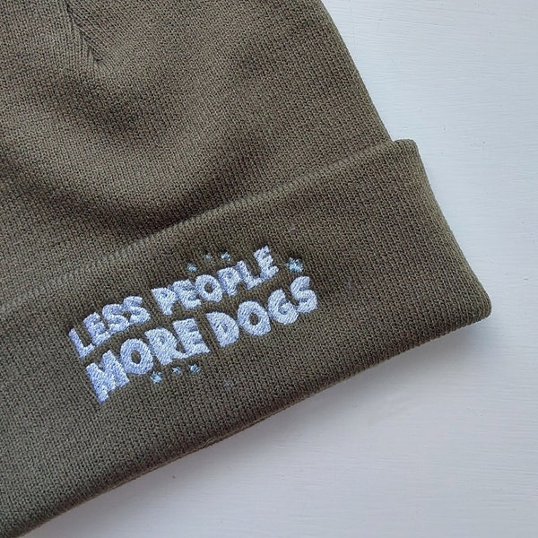 Fun 'Less People, More Dogs' Embroidered Beanie - More Colours - 60's 70's Hippie - Embroidered hat