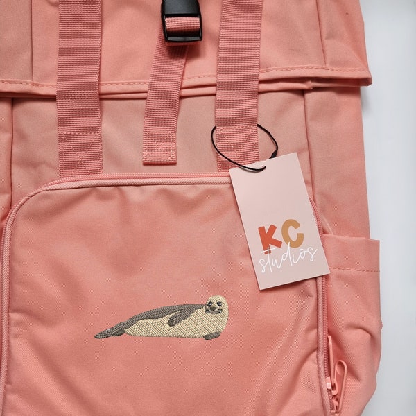Cute  Embroidered Seal Backpack - More Colours - Recycled - Twin Handle Roll-Top Rucksack - Zoo Animal Ocean Sea Fish