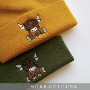 Cute Scottish Highland Cow Embroidered Beanie - Scotland - Highland Coo - Free Delivery - More Colours - Animal Farm - Embroidery