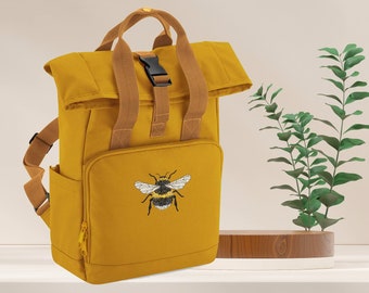 Beautiful Embroidered Bumble Bee Backpack - More Colours - Bumble Bee Bag - Recycled - Mini Twin Handle Roll-Top Backpack