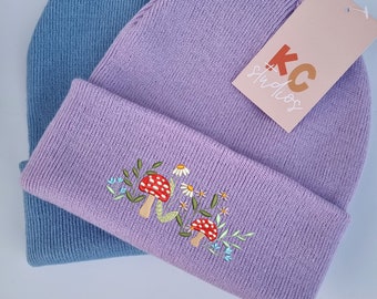 Lovely Floral Embroidered Beanie - Gift - Free Delivery - More Colours - Embroidery - Forest Mushroom