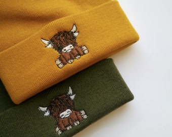Cute Scottish Highland Cow Embroidered Beanie - Scotland - Highland Coo - Free Delivery - More Colours - Animal Farm - Embroidery