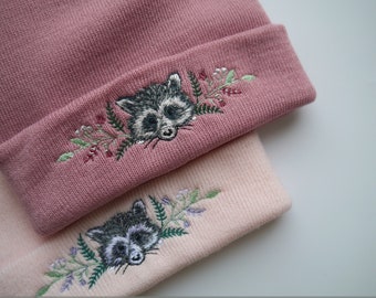Lovely Floral Racoon Embroidered Beanie - More Colours - Free Delivery - Trash Panda
