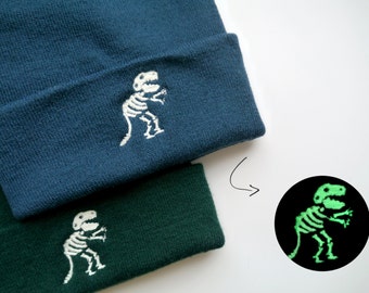 Glow in the Dark Dinosaur T-Rex Skeleton Embroidered Beanie - More Colours - Free Delivery