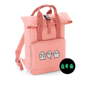 GLOW in the dark - Cooler Gestickter Geist Rucksack - Mehrere Farben - Gruseliger Geist Tasche - Recycling - Roll-Top Rucksack mit zwei Griffen
