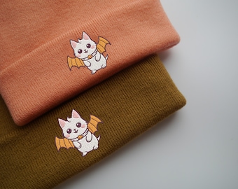 Spooky Bat Cat With Wings Halloween Embroidered Beanie - More Colours - Cute Beanie - Spooky Season