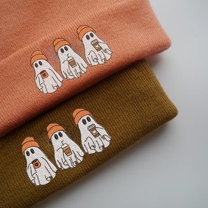 Spooky Ghost Drinking Coffee Halloween Embroidered Beanie - More Colours - Hipster Ghost - Cute Beanie - Spooky Season