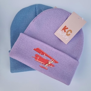 Fun Vintage Triplane Embroidered Beanie - Free Delivery - More Colours - Embroidery Flying Airplane Aeroplane Aircraft