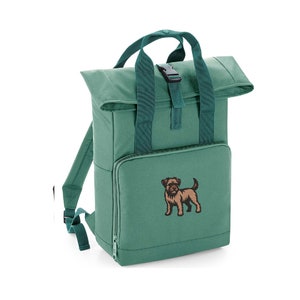 Süßer Border Terrier bestickter Rucksack - Zwei Größen - Mehrere Farben - Recycling - Rolltop-Rucksack mit zwei Griffen - Hunderasse
