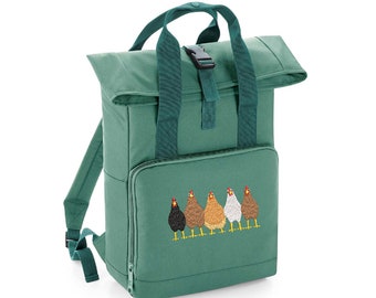 Cute Chickens Embroidered Backpack - Two Sizes - More Colours - Recycled - Twin Handle Roll-Top Rucksack - Hens Farm