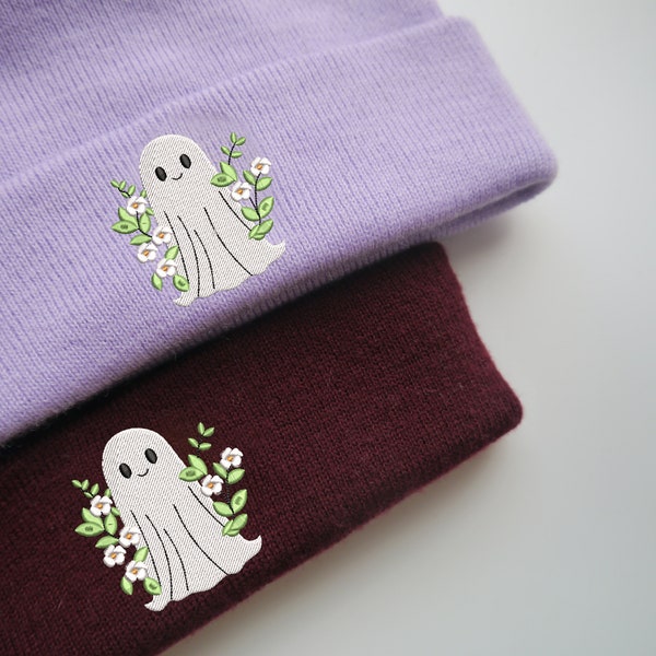 Spooky Ghost Floral Wreath Halloween Embroidered Beanie - More Colours - Cute Beanie - Spooky Season