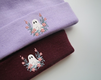 Spooky Ghost Floral Wreath Halloween Embroidered Beanie - More Colours - Cute Beanie - Spooky Season